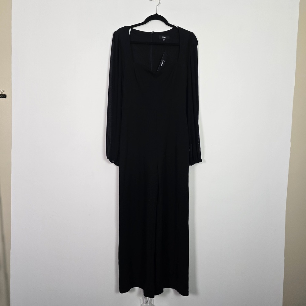 Lulus Perfect Charisma Jumpsuit Women M Black Sheer Mesh Sleeve Wide Leg Chic - Picture 4 of 15
